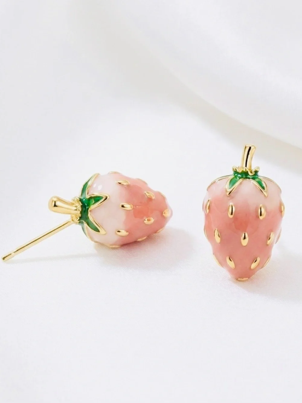 “Pink Strawberry” Juicy Yummy Fruit Fruity Bumpy Seeds Kawaii Dainty Gold Studs - Picture 7 of 7